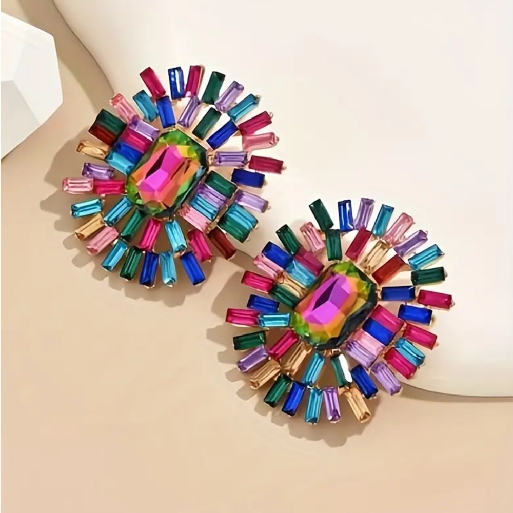 Bright Multicolor Crystal Rhinestone Earrings - Picture 3 of 5